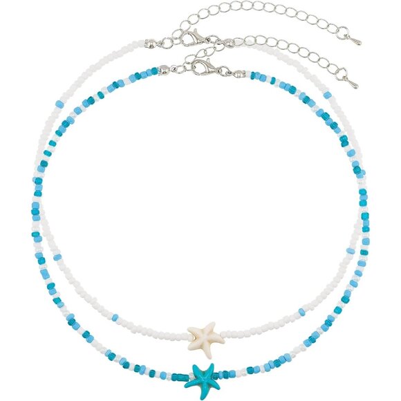 Bohemian Beaded Necklace for Women Layered Choker with Blue Starfish Pendant - Picture 1 of 6